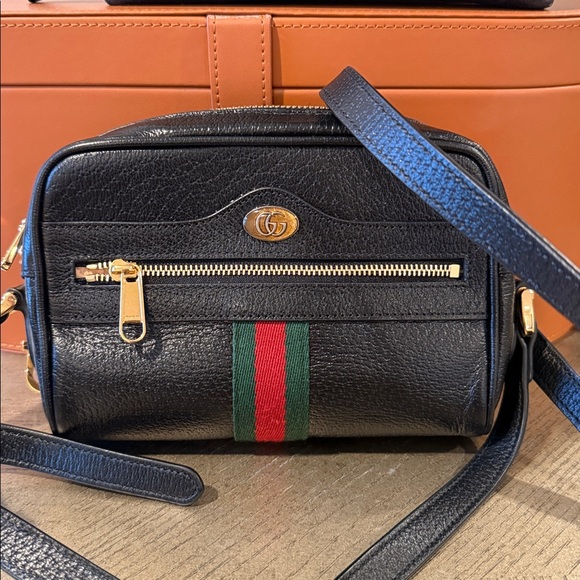 Gucci Black Leather Bag with Red and Green Stripe - Picture 1 of 8